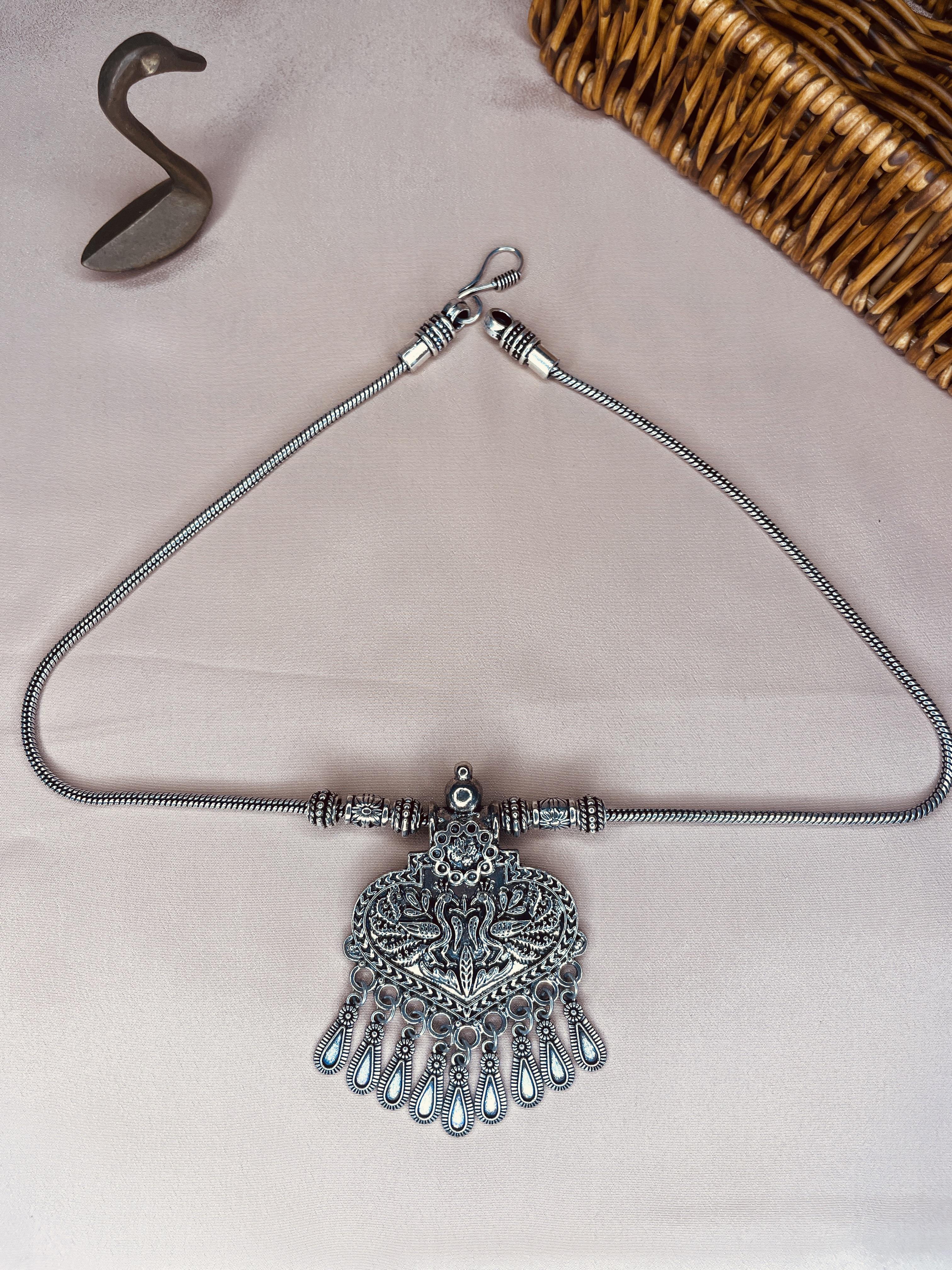 Peacock Heart Oxidised Chain Pendant