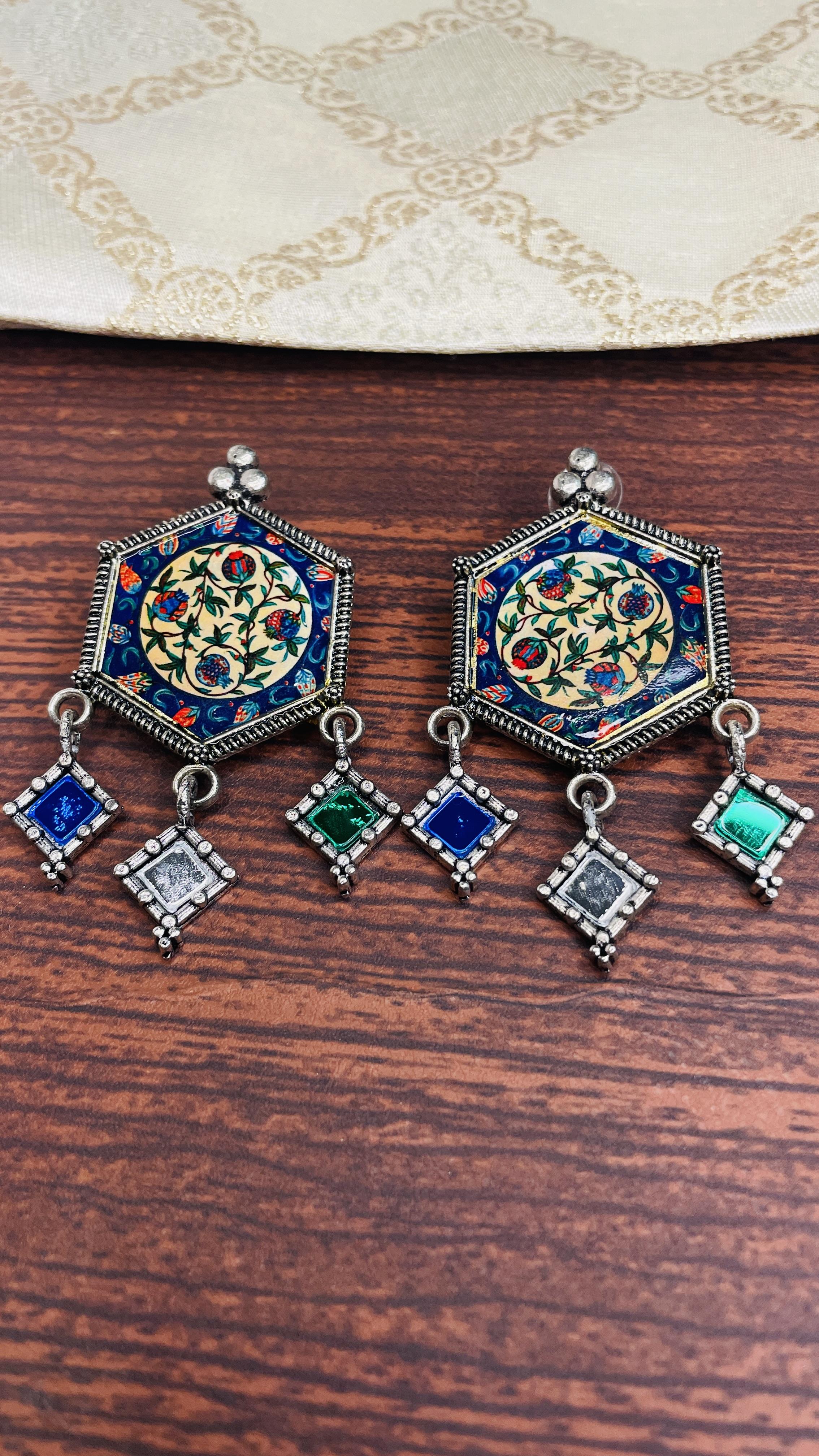 Kavya Glasswork Oxidised Dangler Earrings