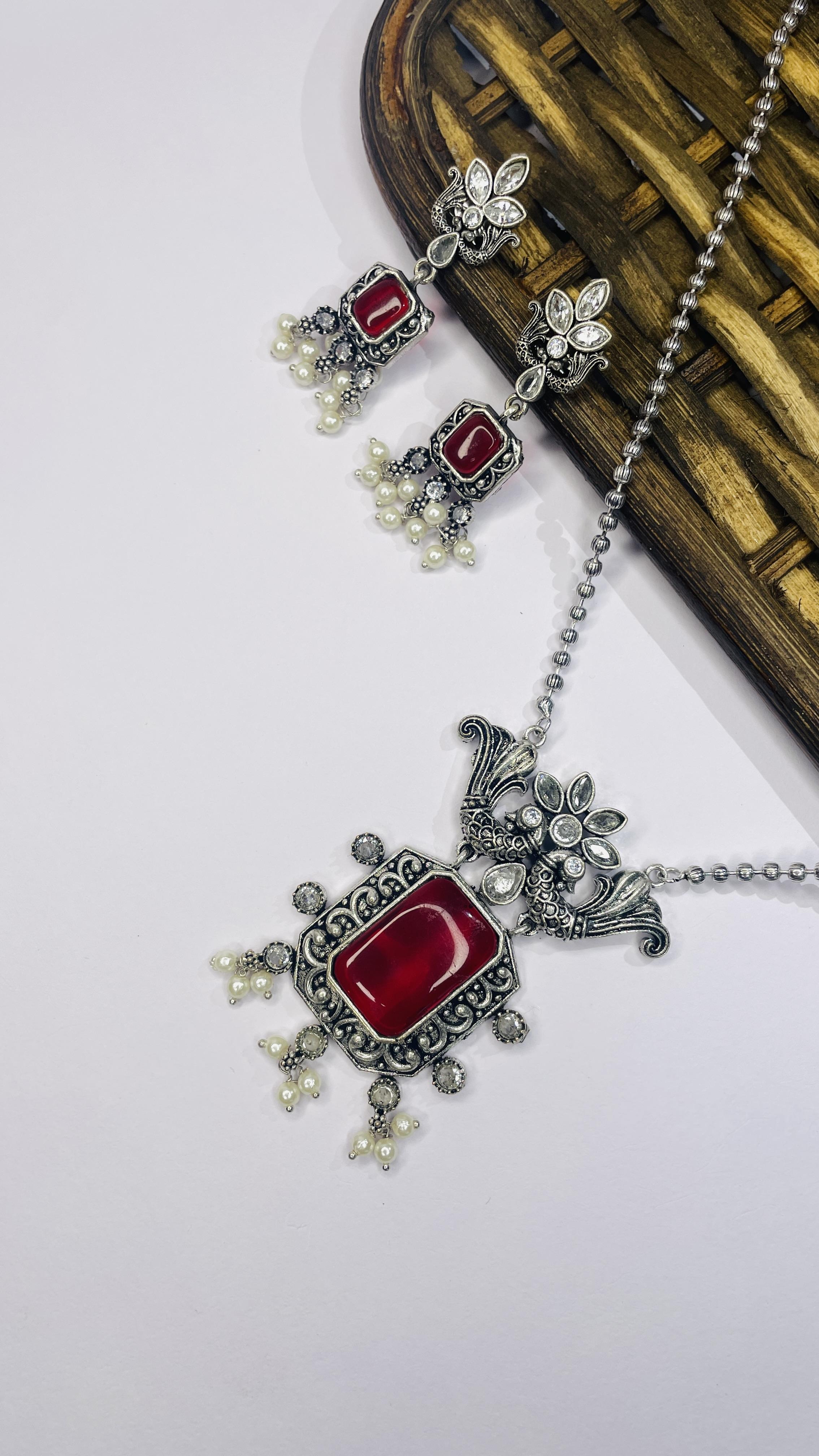 Ruhani Bloom Oxidised Necklace Set Red