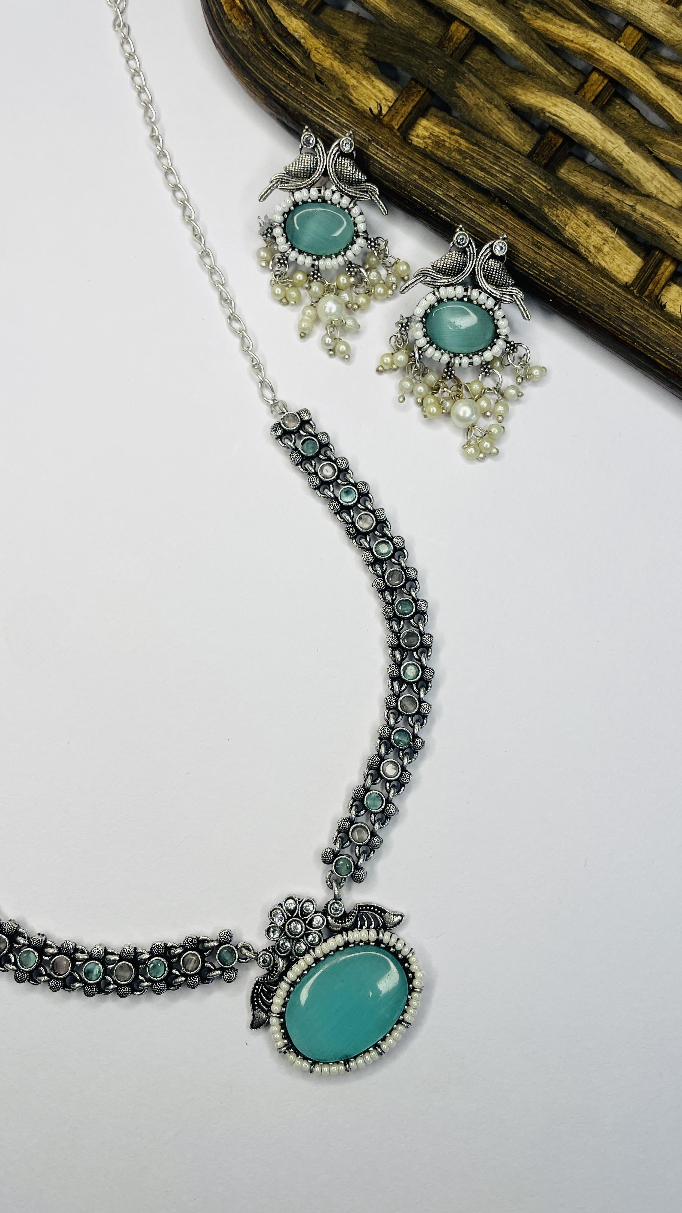 Mayuri Mint Drop Oxidised Necklace Set