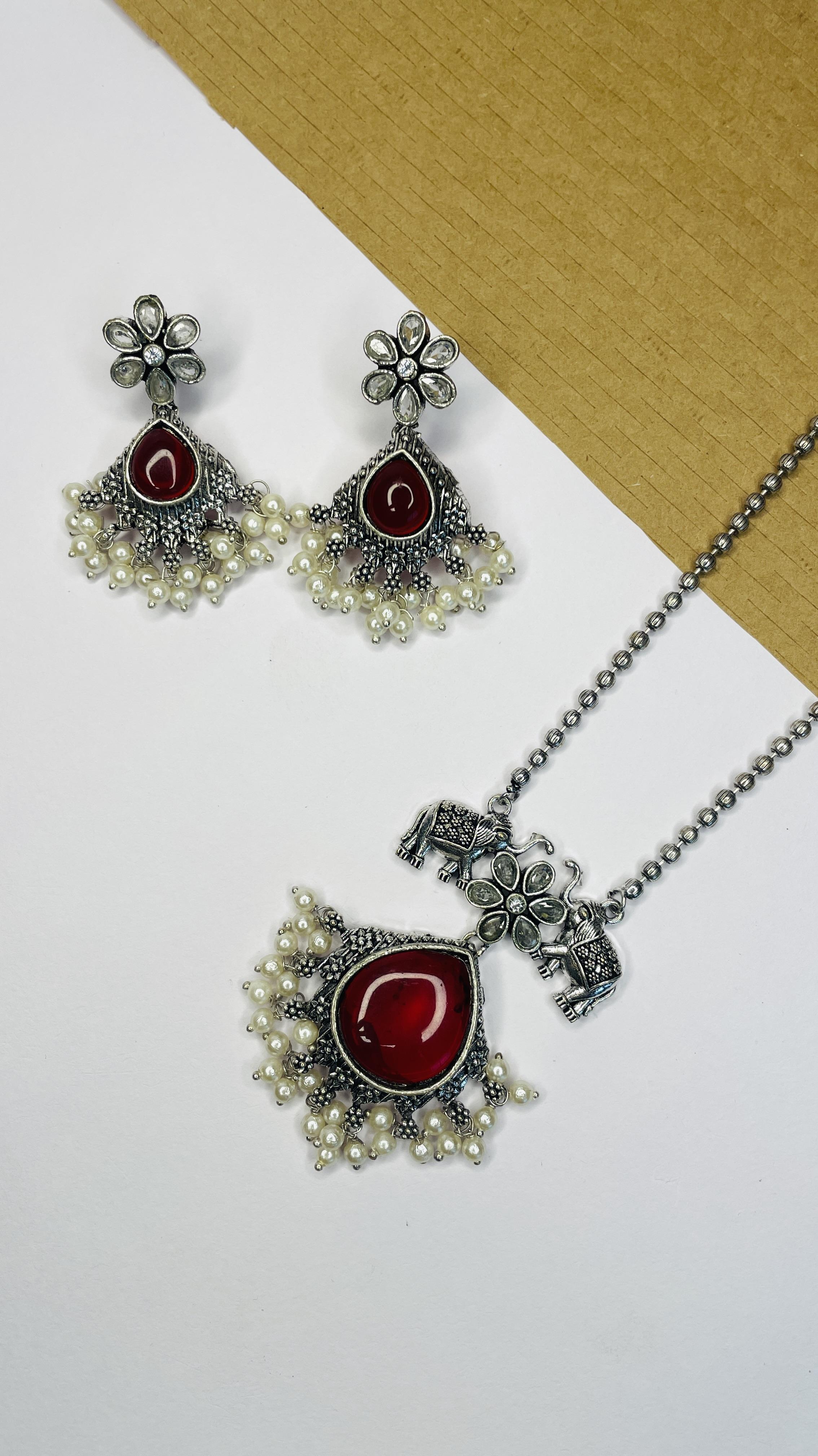 Aaravi Oxidised Elephant Charm Necklace Set Red