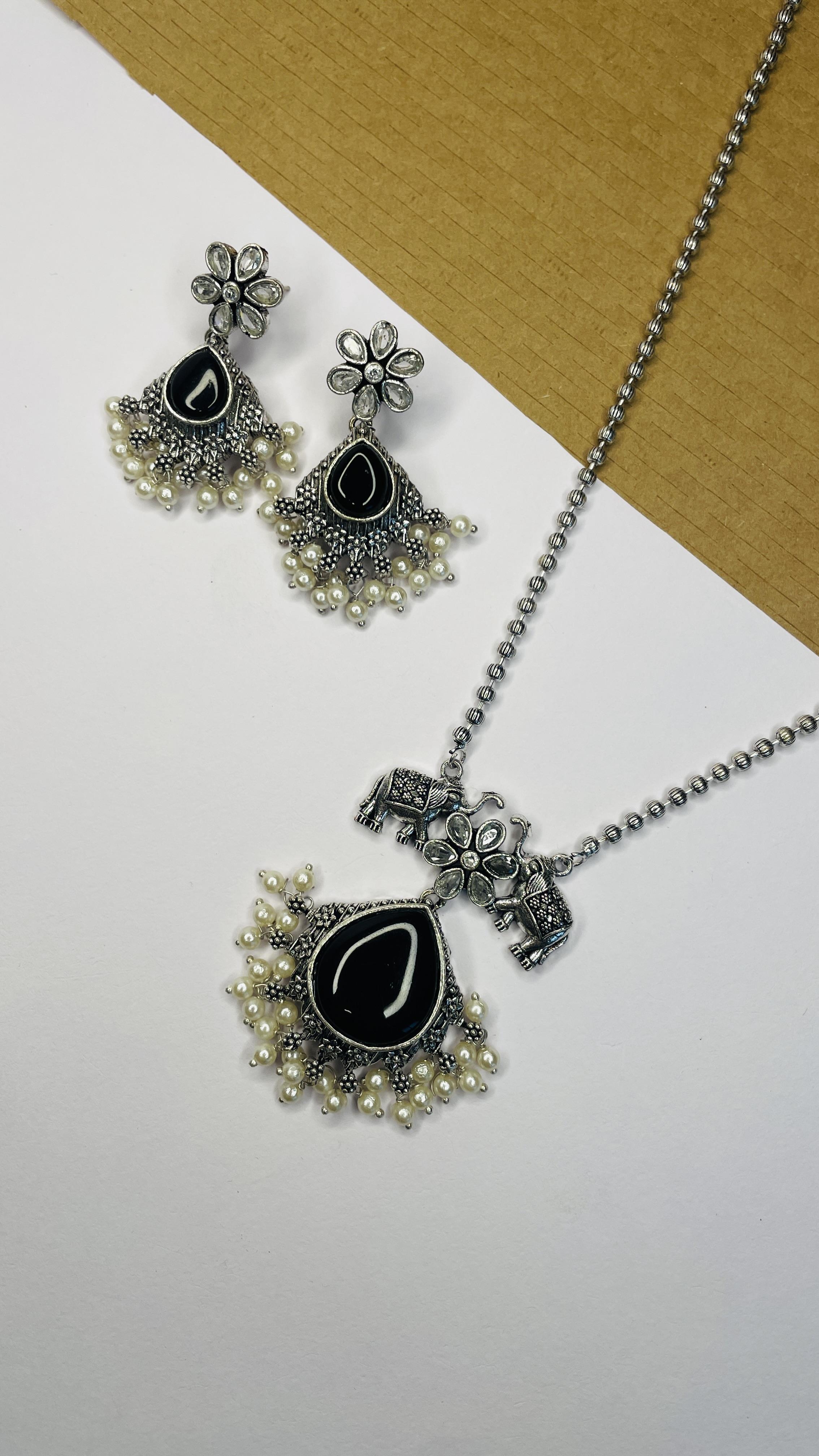 Aaravi Oxidised Elephant Charm Necklace Set Black