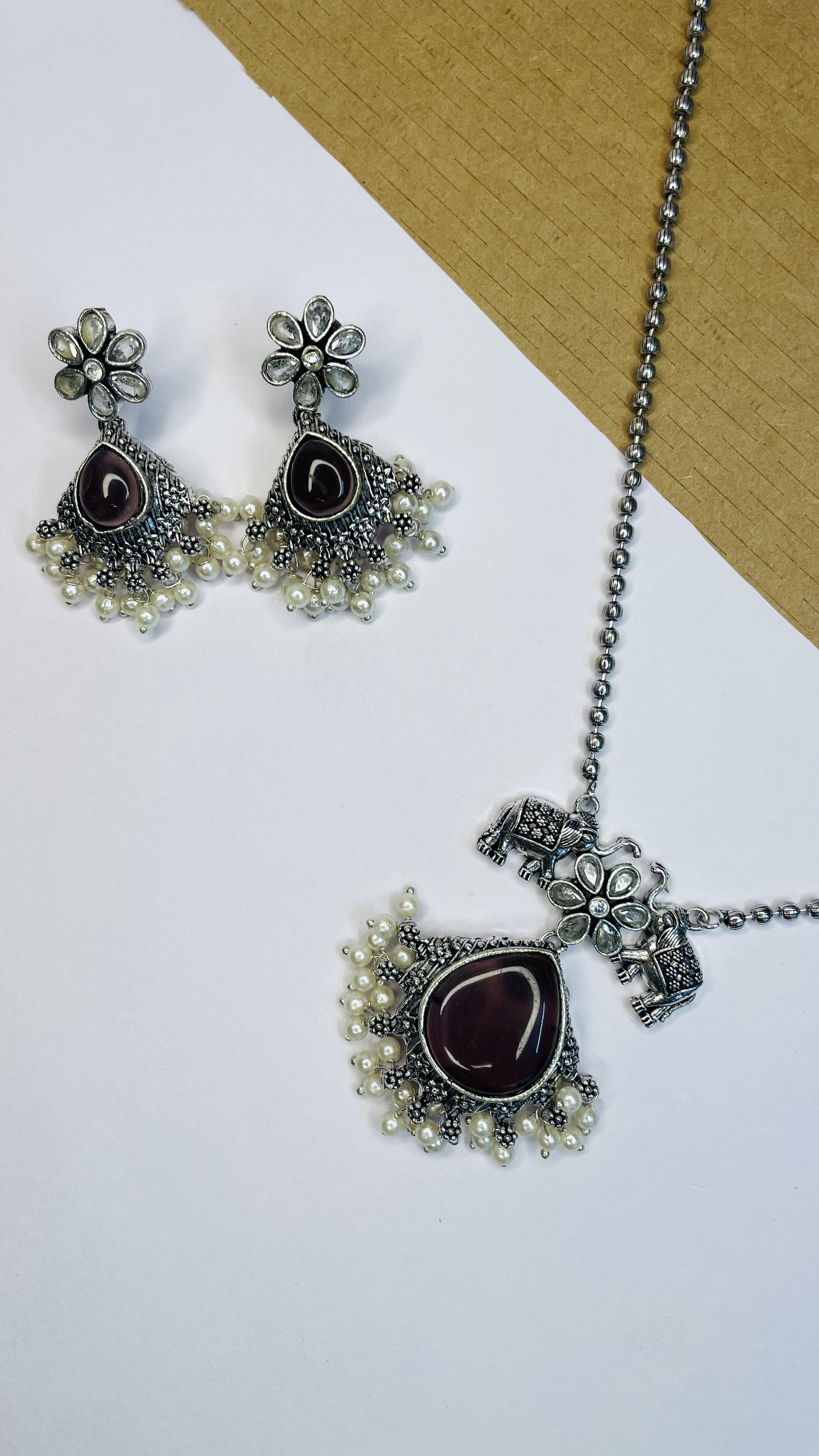 Aaravi Oxidised Elephant Charm Necklace Set Peach