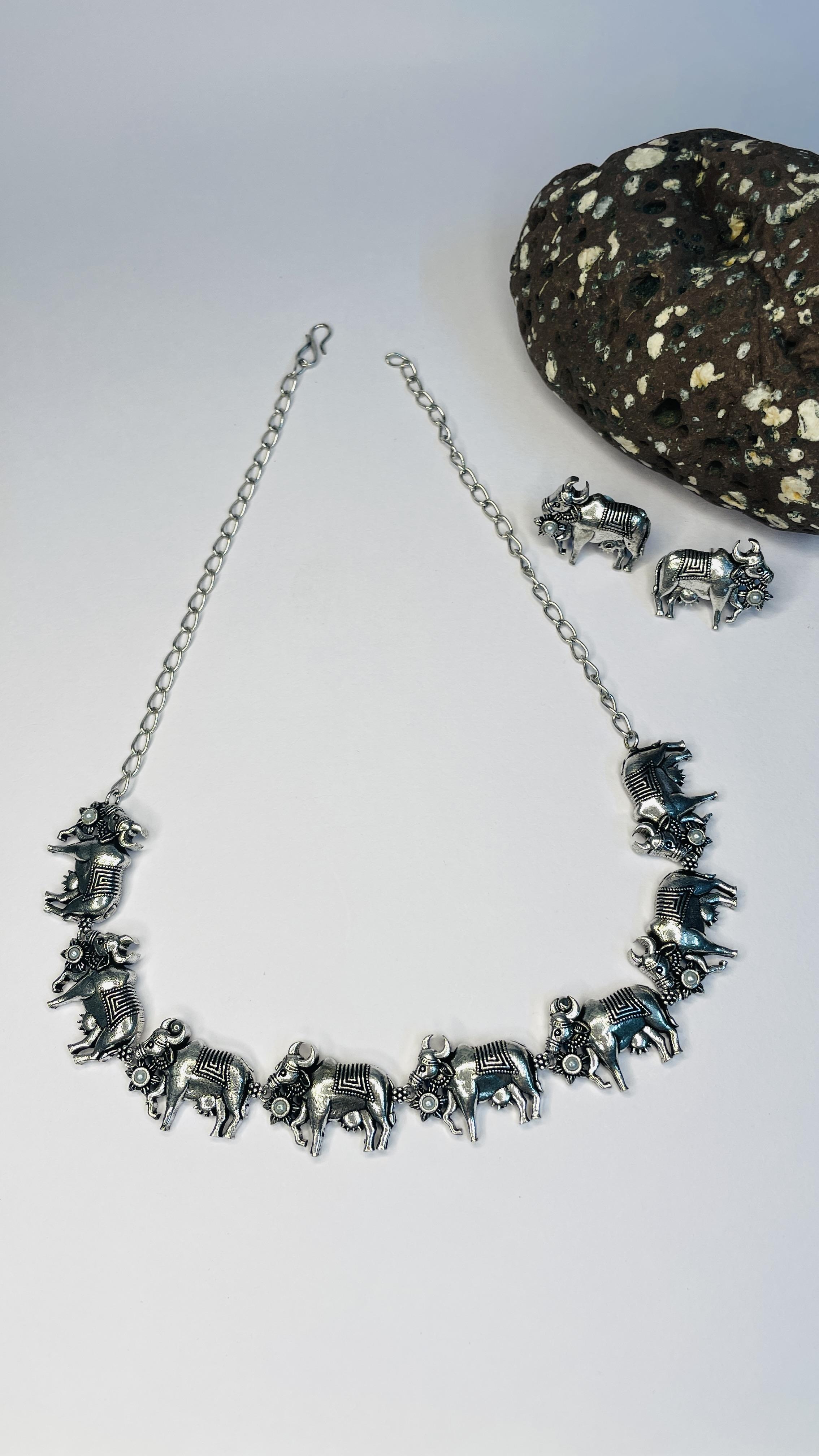 Vrisha Heritage Oxidised Gau Motif Necklace Set