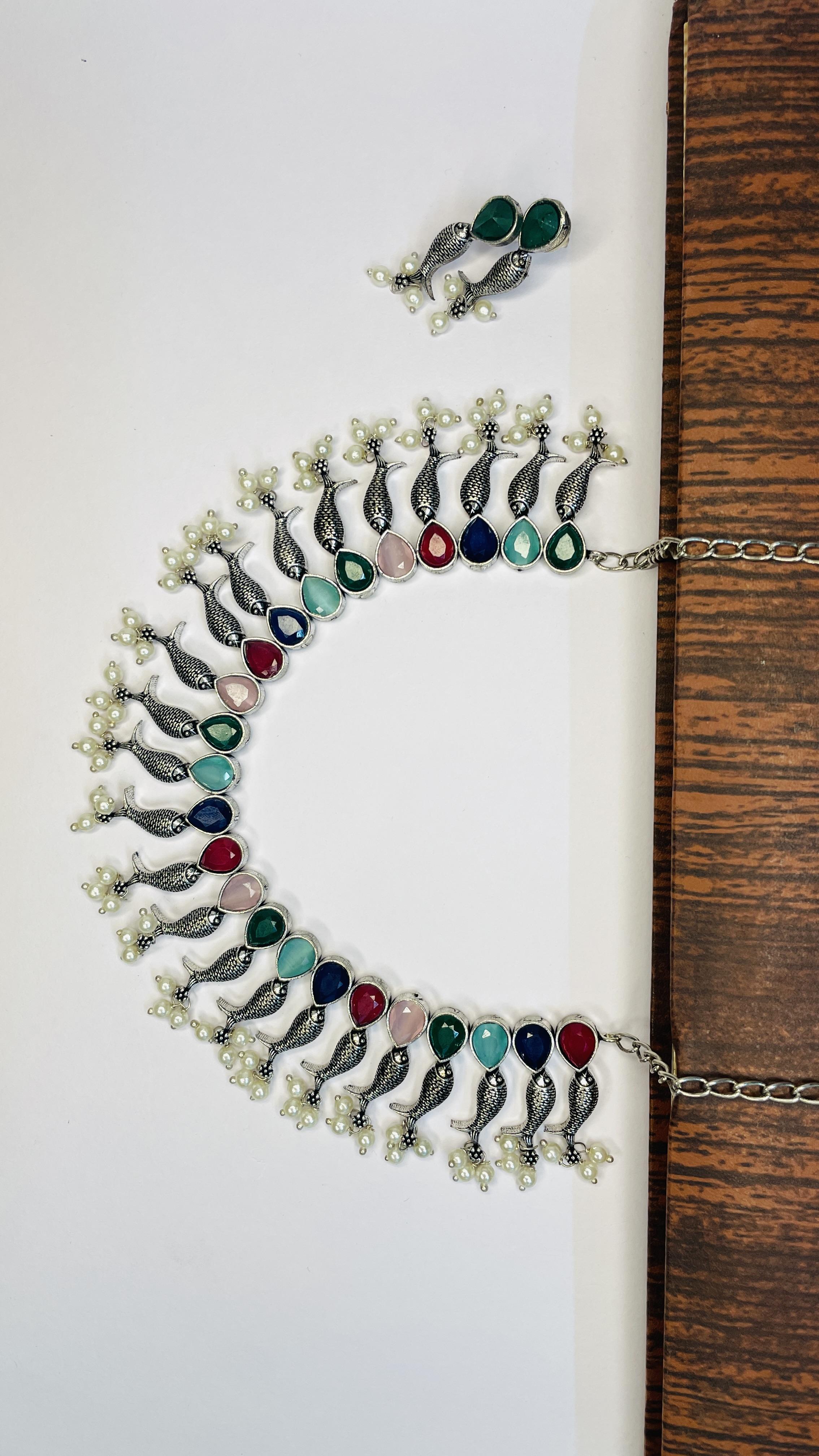 Meenakriti Multicolour Fish Charm Oxidised Necklace Set