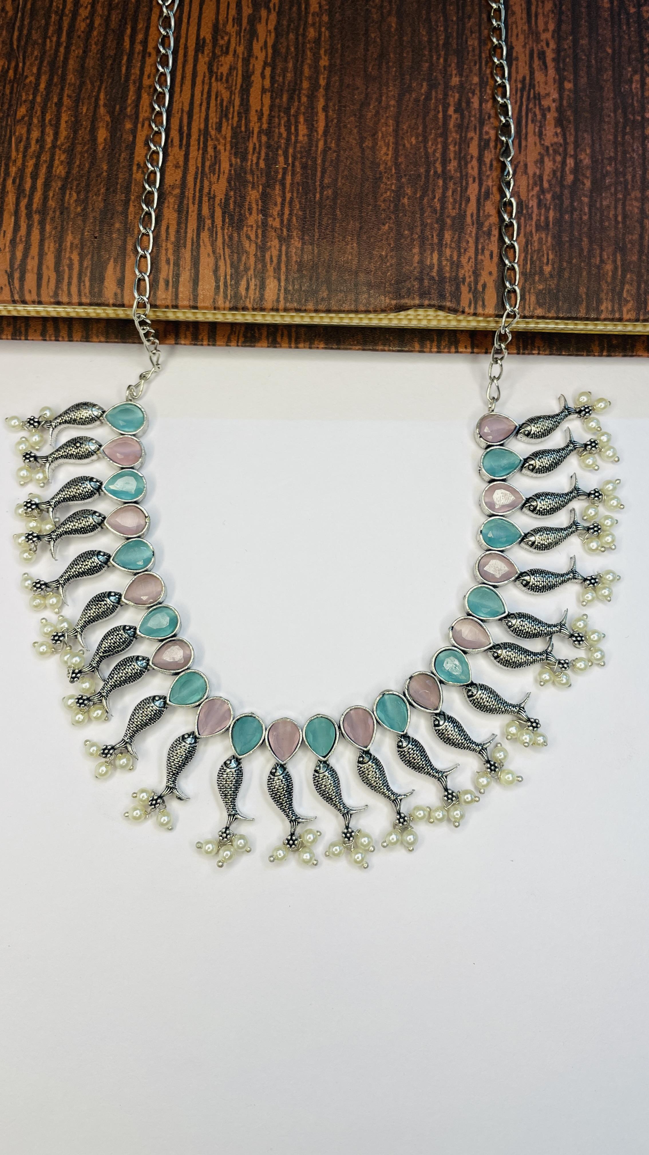 Meenakriti Dual colour Fish Charm Oxidised Necklace Set