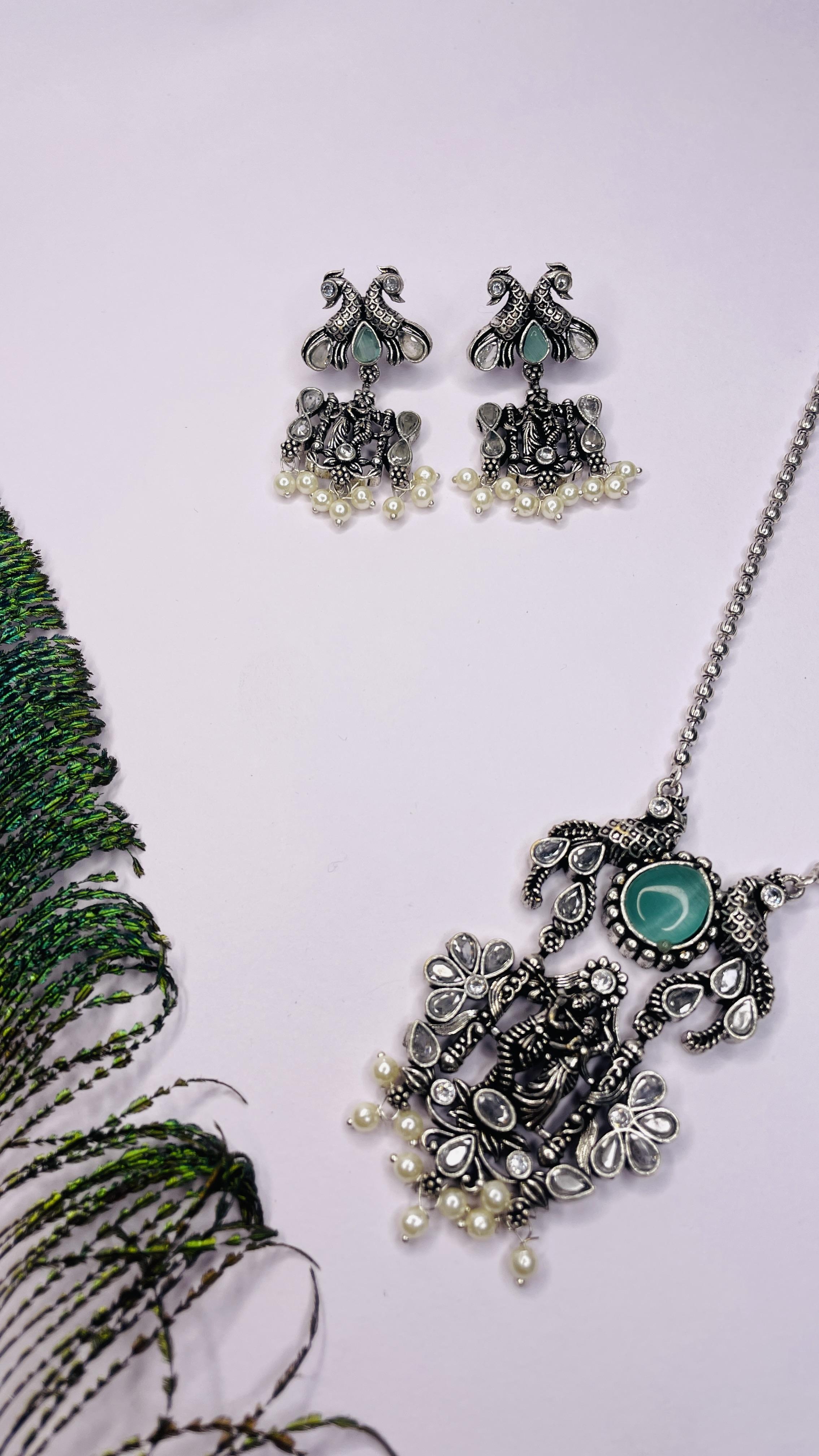 Prem Raas Oxidised Radha Krishna Green Necklace Set