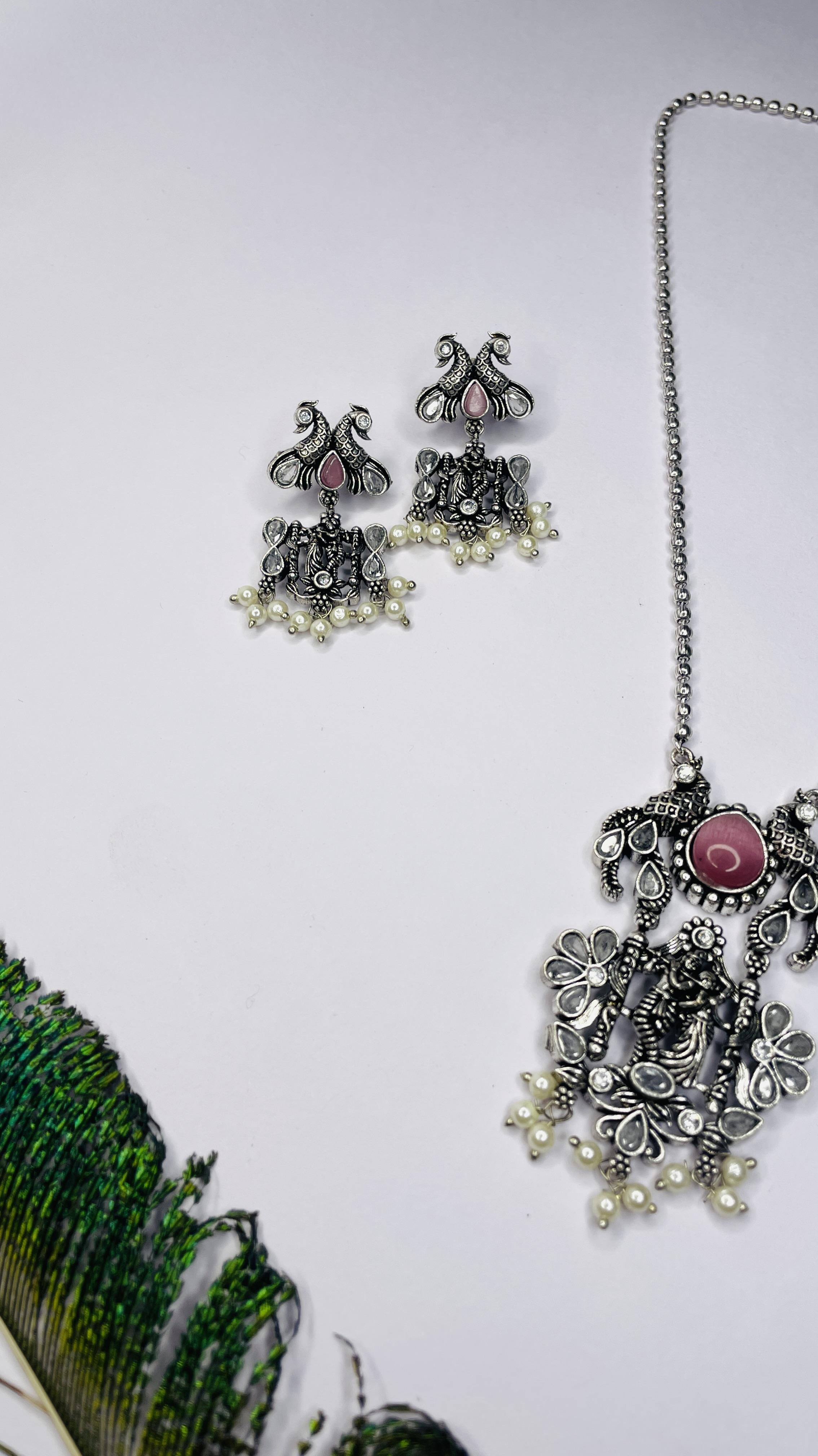 Prem Raas Oxidised Radha Krishna Pink Stone Necklace Set